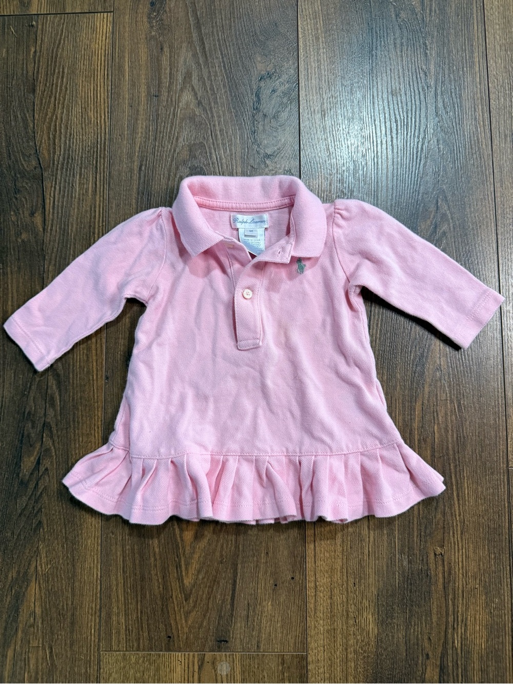 Ralph Lauren Baby Girls Pink Long Sleeve Polo Dress Size 6M Ruffle Hem